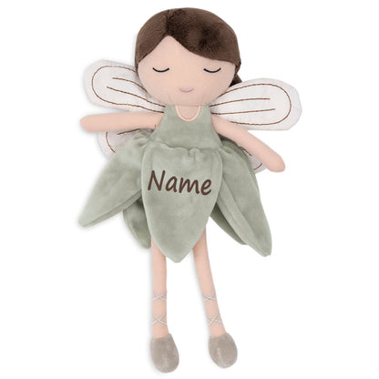 Personalisierte Kuschel- und Kinderpuppe Stoffpuppe mit Namen Kuscheltier Fee personalisiert Geschenk zur Geburt Kleid salbei
