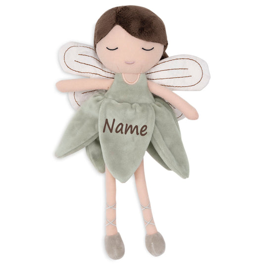 Stoffpuppe mit Namen Kuscheltier Fee personalisiert Geschenk zur Geburt Kleid Salbei