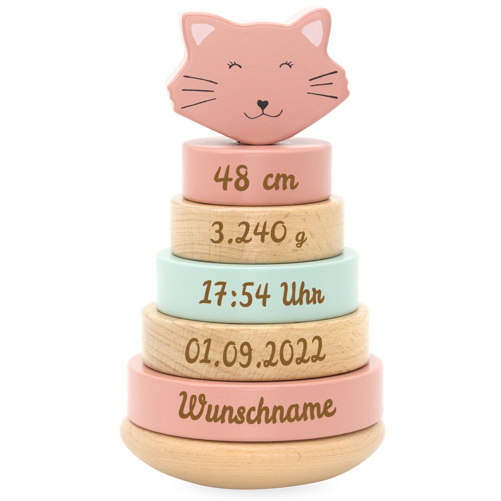 Personalisierter Stapelturm aus Holz von Trixie mit Namen und Geburtsdaten graviert Geburtsgeschenk KATZE
