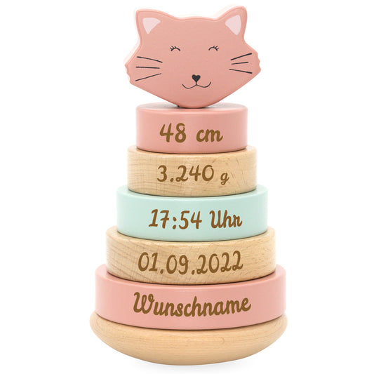 Personalisierter Stapelturm aus Holz von Trixie mit Namen und Geburtsdaten graviert Geburtsgeschenk KATZE