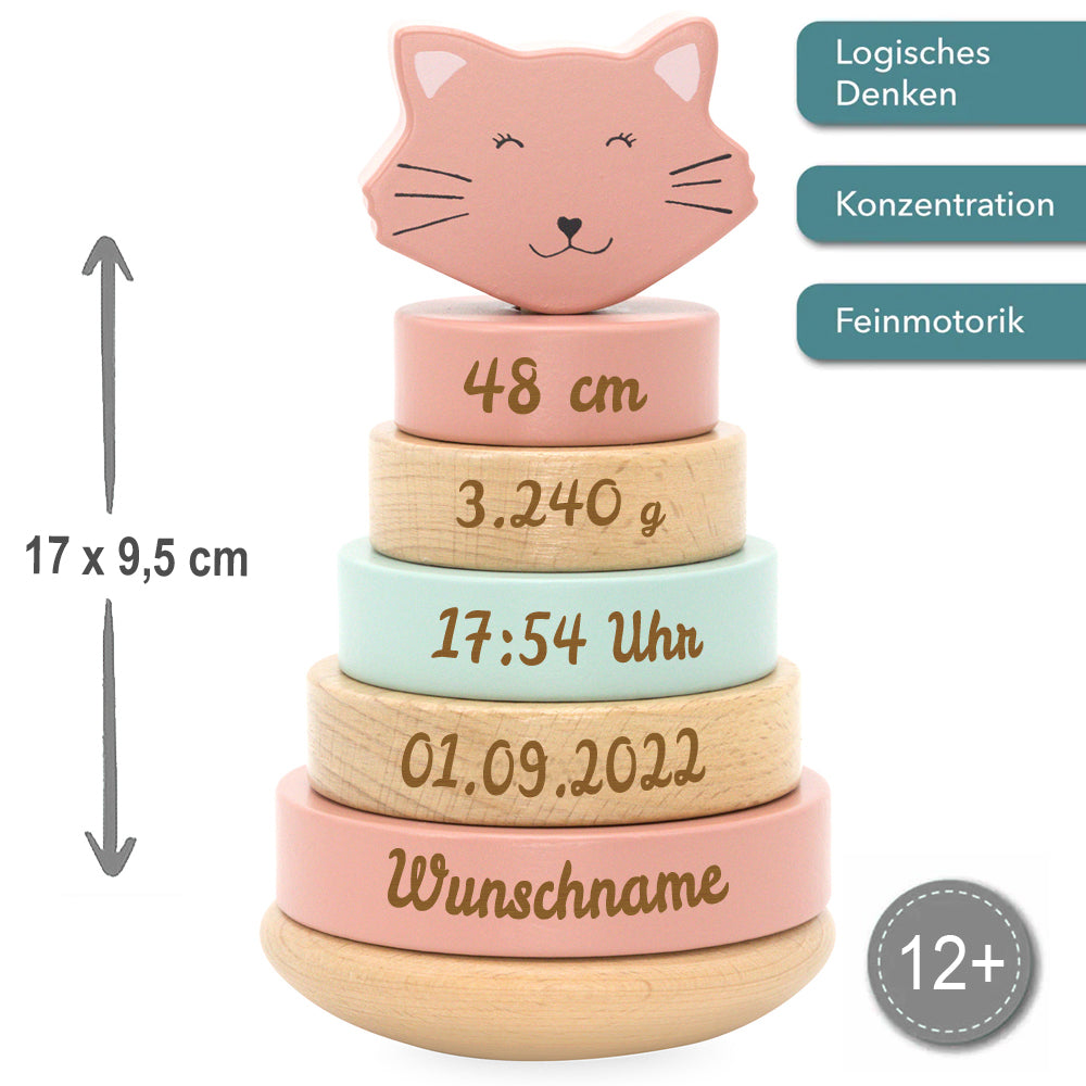 Personalisierter Stapelturm aus Holz von Trixie mit Namen und Geburtsdaten graviert Geburtsgeschenk KATZE