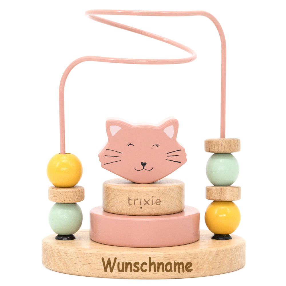 Trixie Motorikschleife aus Holz PERSONALISIERT Mini Steckspiel mit Namen graviert Geschenk zur Geburt - Katze
