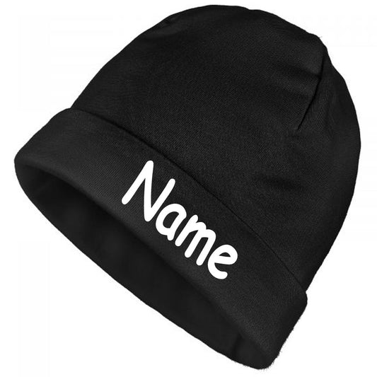 Mütze Uni schwarz mit Namen oder Text personalisiert für Baby oder Kind aus 100% Baumwolle mit UV-Schutz