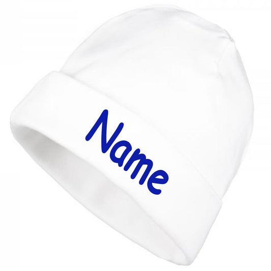 Mütze Uni weiß mit Namen oder Text personalisiert für Baby oder Kind aus 100% Baumwolle mit UV-Schutz