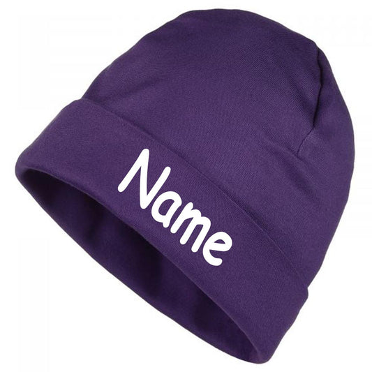 Mütze Uni lila mit Namen oder Text personalisiert für Baby oder Kind aus 100% Baumwolle mit UV-Schutz