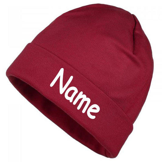 Mütze Uni rot mit Namen oder Text personalisiert für Baby oder Kind aus 100% Baumwolle mit UV-Schutz