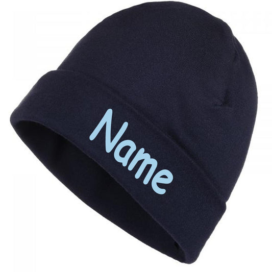 Mütze Uni blau mit Namen oder Text personalisiert für Baby oder Kind aus 100% Baumwolle mit UV-Schutz