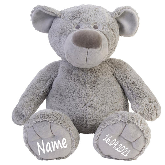 Stofftier Teddy Bär grau Geschenk mit Namen und Geburtsdatum personalisiert
