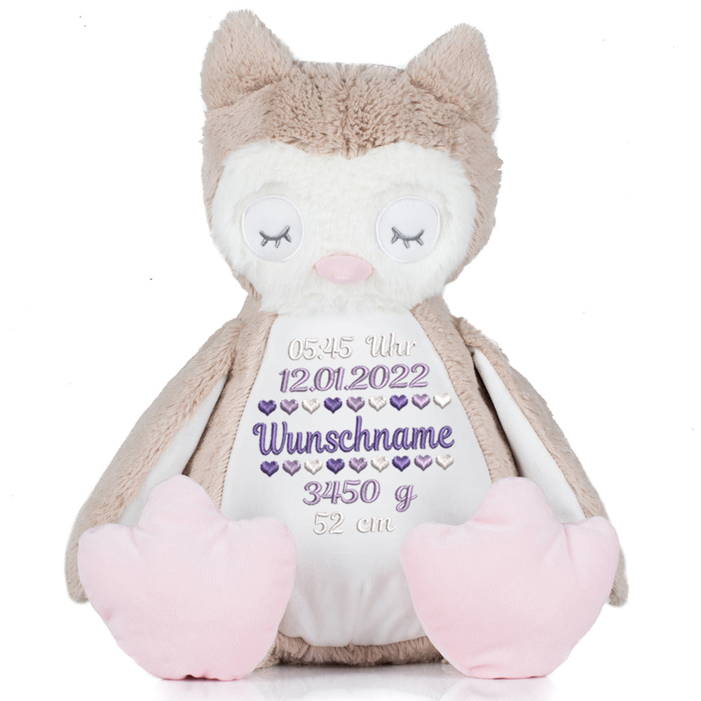 Stofftier mit Name Bestickt Kuscheltier Eule personalisiert Geburtsdaten