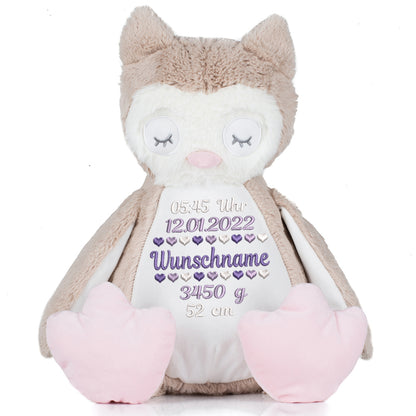 Stofftier mit Name Bestickt Kuscheltier Eule personalisiert Geburtsdaten