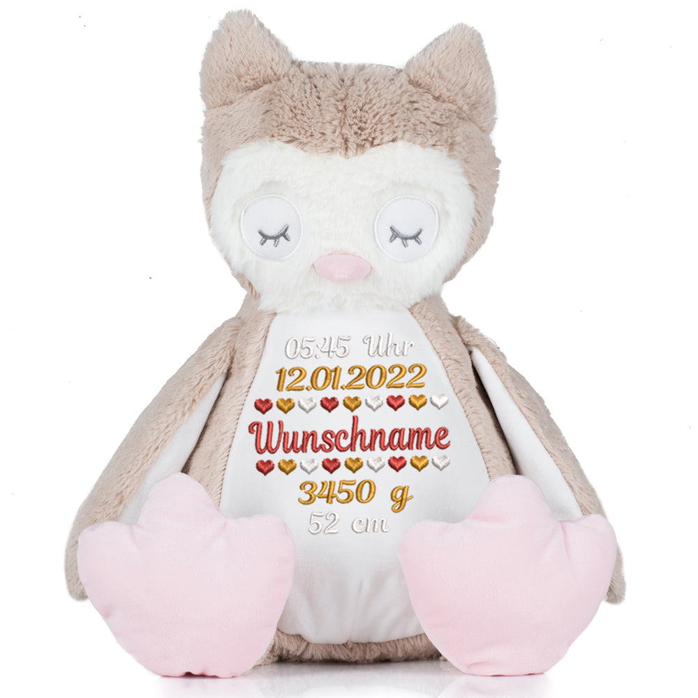 Stofftier mit Name Bestickt Kuscheltier Eule personalisiert Geburtsdaten