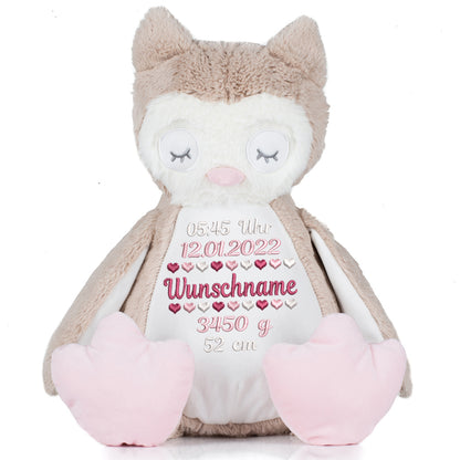 Stofftier mit Name Bestickt Kuscheltier Eule personalisiert Geburtsdaten