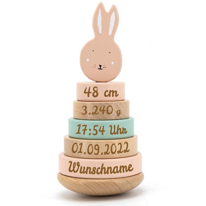 Personalisierter Stapelturm aus Holz von Trixie mit Namen und Geburtsdaten graviert Geburtsgeschenk HASE