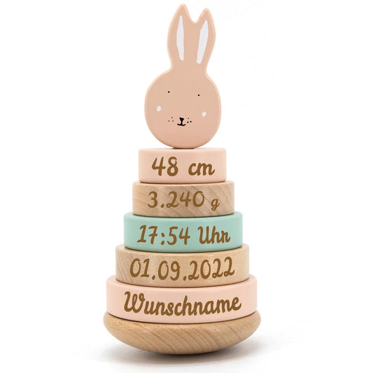 Personalisierter Stapelturm aus Holz von Trixie mit Namen und Geburtsdaten graviert Geburtsgeschenk HASE