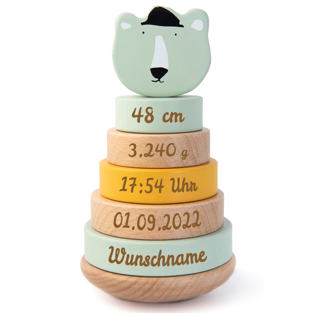 Personalisierter Stapelturm aus Holz von Trixie mit Namen und Geburtsdaten graviert Geburtsgeschenk POLARBÄR