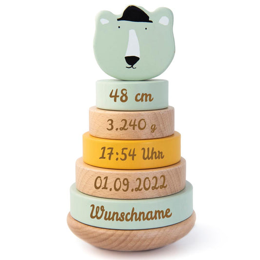 Personalisierter Stapelturm aus Holz von Trixie mit Namen und Geburtsdaten graviert Geburtsgeschenk POLARBÄR