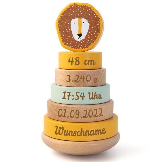Personalisierter Stapelturm aus Holz von Trixie mit Namen und Geburtsdaten graviert Geburtsgeschenk LÖWE