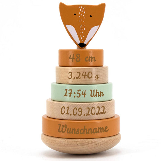 Personalisierter Stapelturm aus Holz von Trixie mit Namen und Geburtsdaten graviert Geburtsgeschenk FUCHS