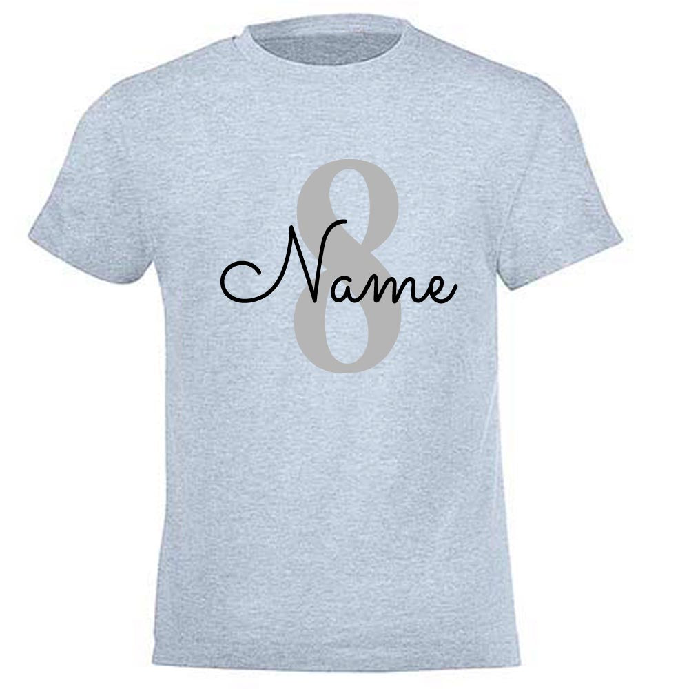GEBURTSTAGSSHIRT für Baby und Kind mit Namen personalisiert T-Shirt aus Baumwolle Hellblau meliert