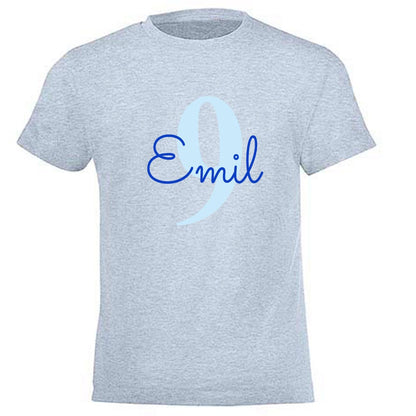 GEBURTSTAGSSHIRT für Baby und Kind mit Namen personalisiert T-Shirt aus Baumwolle Hellblau meliert