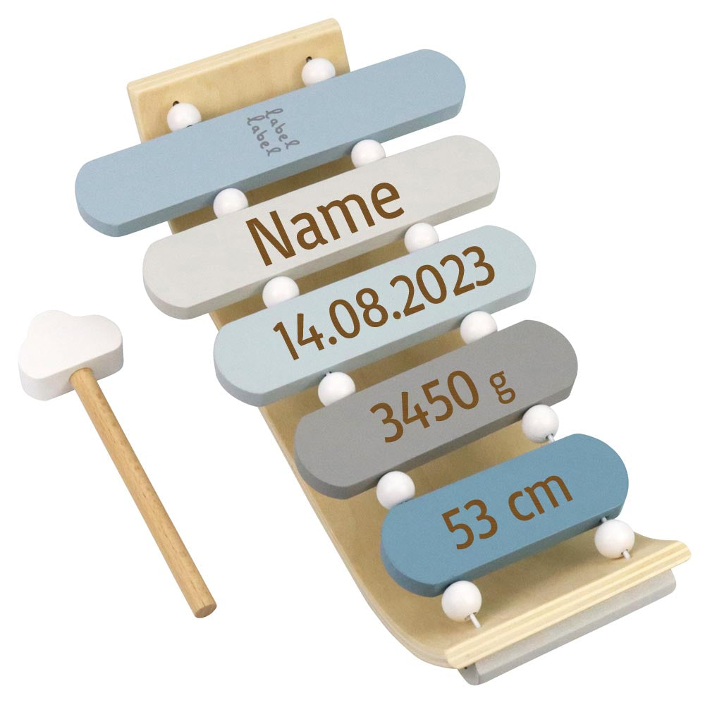 Xylophone aus Holz personalisiert mit Name und Geburtsdaten Geschenk zur Geburt Blau