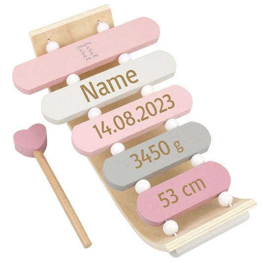 Xylophone aus Holz personalisiert mit Name und Geburtsdaten Geschenk zur Geburt Rosa