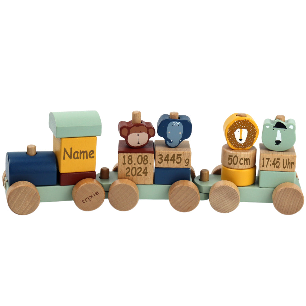 Personalisierter Holzzug mit Tieren von Trixie Holz Eisenbahn mit Namen und Geburtsdaten graviert Babygeschenk