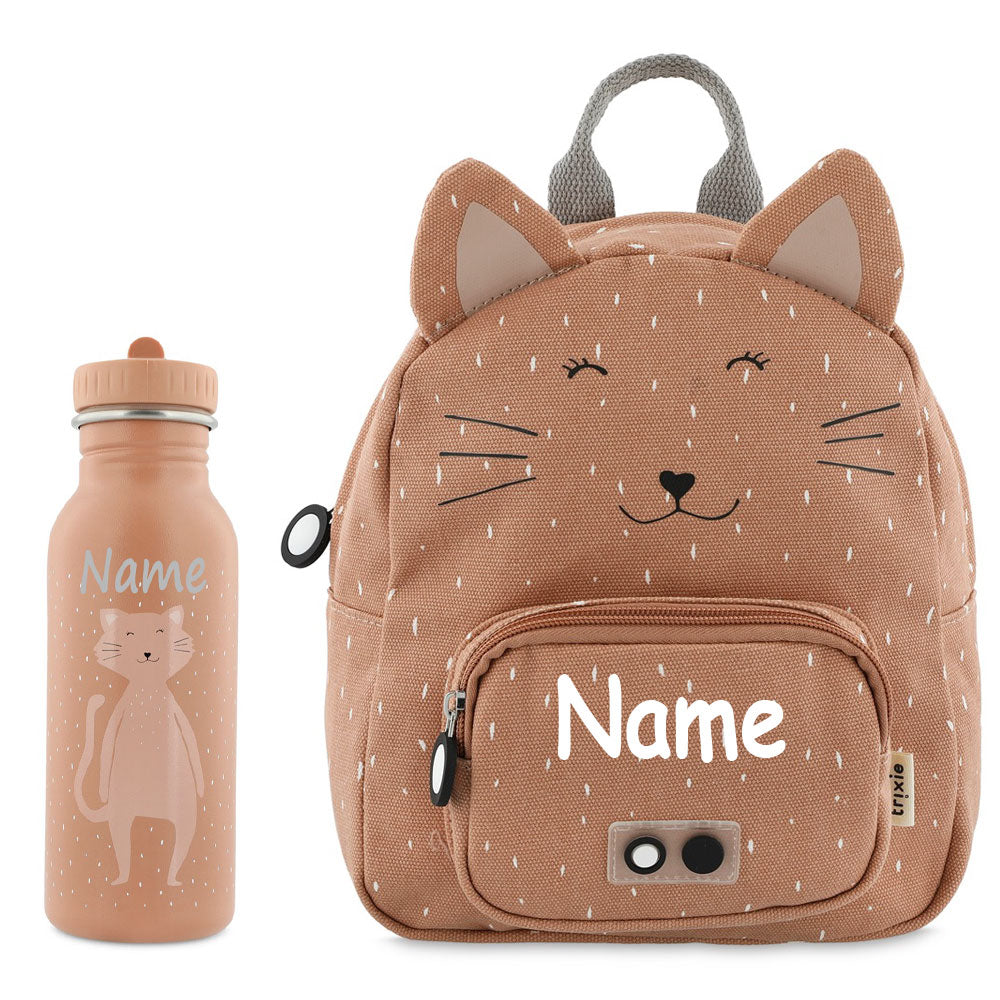 Rucksack + Trinkflasche im Set von Trixie mit Name personalisiert Motiv Katze