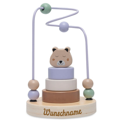 Motorikschleife aus Holz PERSONALISIERT inkl. Steckspiel mit Namen graviert Geschenk zur Geburt Bär