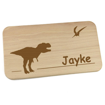 Personalisiertes Frühstücksbrettchen aus Holz mit Motiv und Name graviert Motiv Dinosaurier