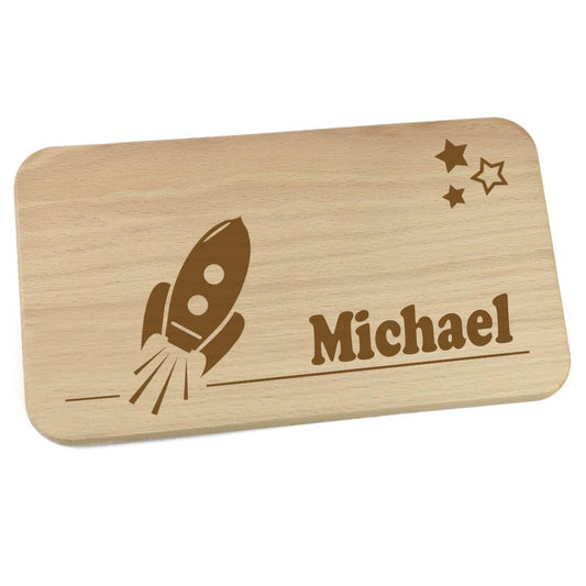 Personalisiertes Frühstücksbrettchen aus Holz mit Motiv und Name graviert Motiv Rakete