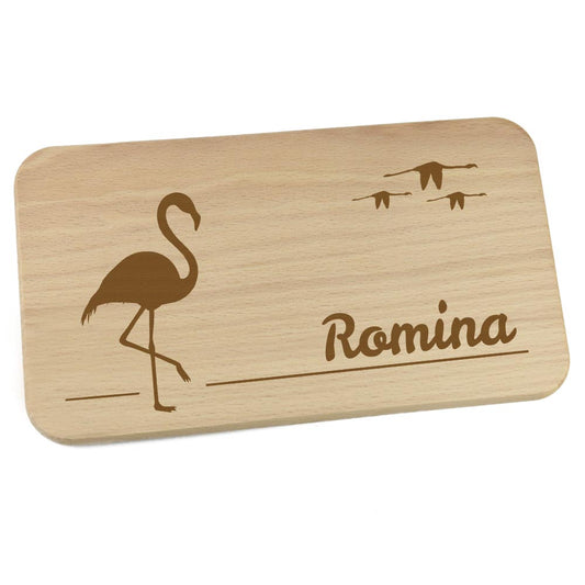Personalisiertes Frühstücksbrettchen aus Holz mit Motiv und Name graviert Motiv Flamingo