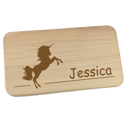 Personalisiertes Frühstücksbrettchen aus Holz mit Motiv und Name graviert Motiv Einhorn