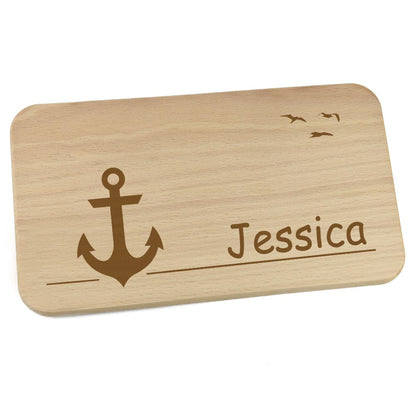 Personalisiertes Frühstücksbrettchen aus Holz mit Motiv und Name graviert Motiv Anker