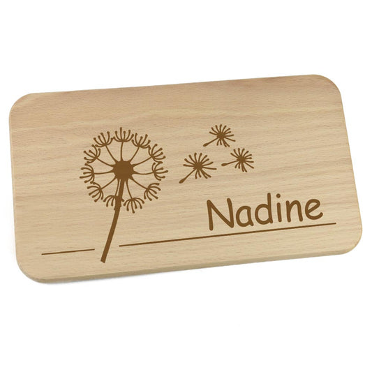 Personalisiertes Frühstücksbrettchen aus Holz mit Motiv und Name graviert Motiv Pusteblume