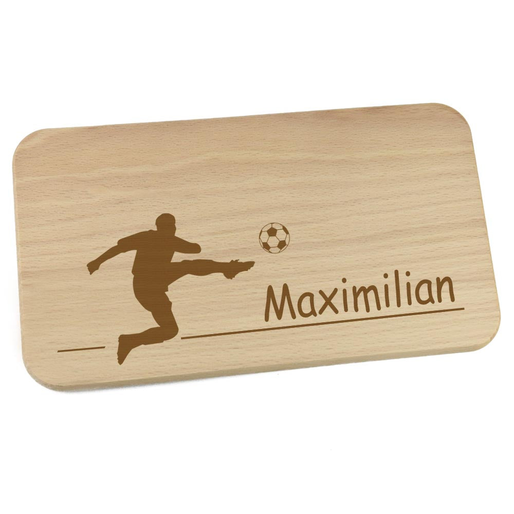Personalisiertes Frühstücksbrettchen aus Holz mit Motiv und Name graviert Motiv Fußballspieler