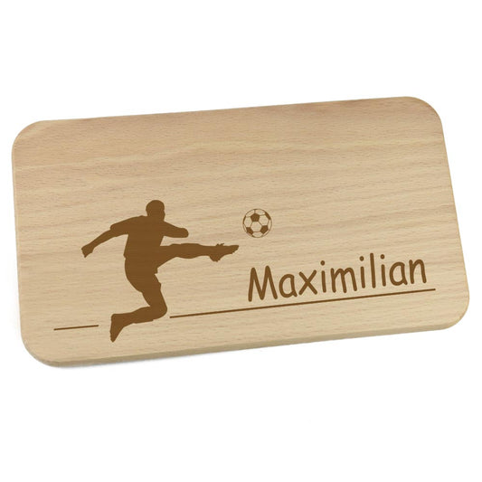 Personalisiertes Frühstücksbrettchen aus Holz mit Motiv und Name graviert Motiv Fußballspieler