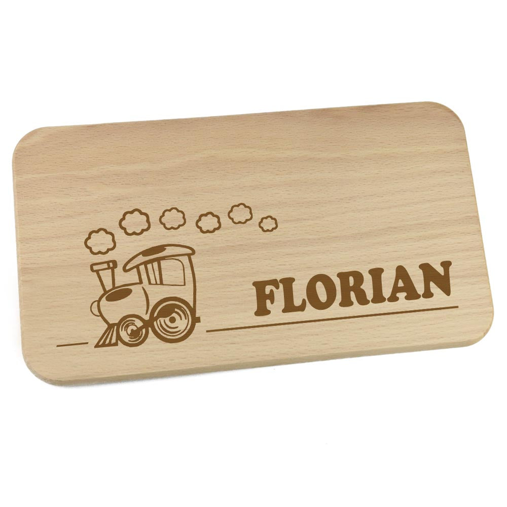 Personalisiertes Frühstücksbrettchen aus Holz mit Motiv und Name graviert Motiv Zug
