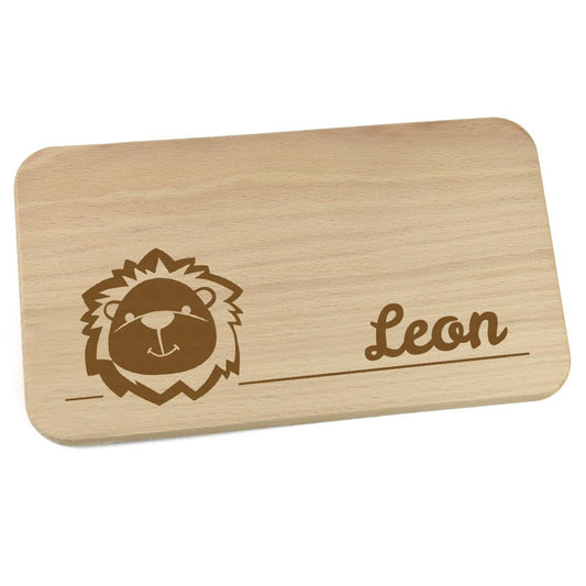 Personalisiertes Frühstücksbrettchen aus Holz mit Motiv und Name graviert Motiv Löwe