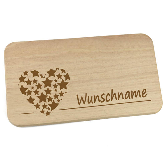 Personalisiertes Frühstücksbrettchen aus Holz mit Motiv und Name graviert Motiv Herz aus Sternen