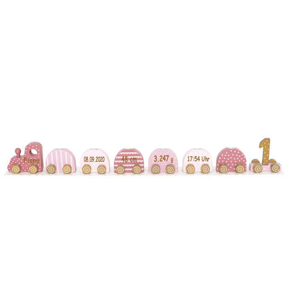 Geburtstagszug Kerzenhalter aus Holz pink personalisiert mit Name und Geburtsdaten Baby Geschenk mit Gravur