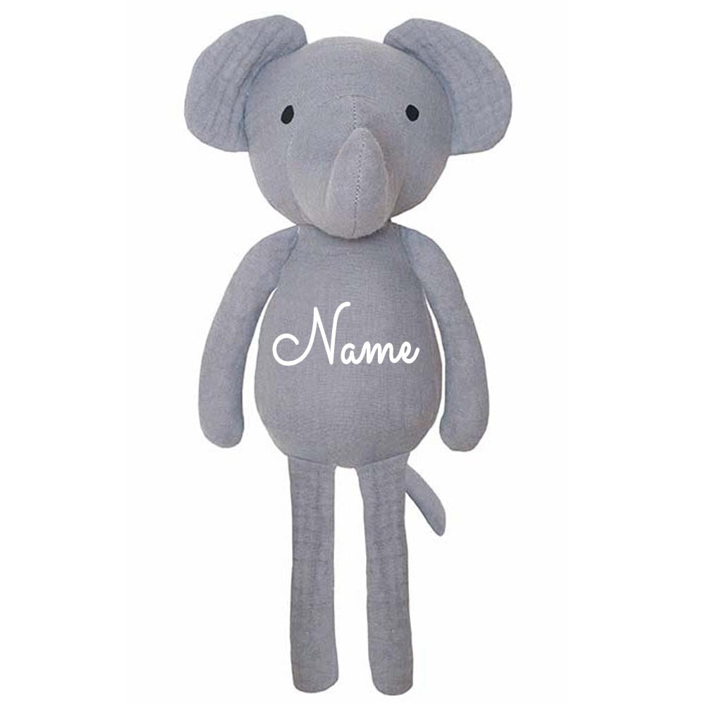 Stofftier aus Musselin mit Name personalisiert in Geschenkverpackung Elefant