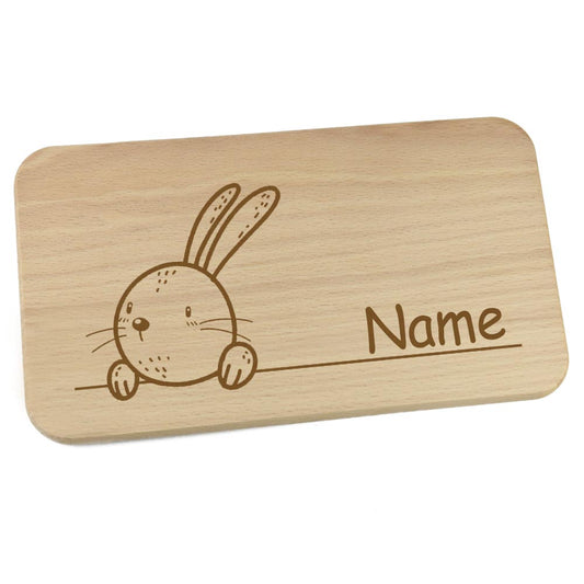 Personalisiertes Frühstücksbrettchen aus Holz mit Motiv und Name graviert Motiv Hase Brettchen 22cm