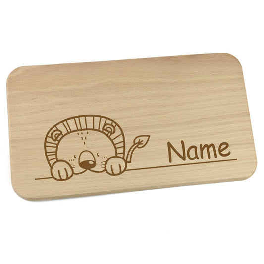 Personalisiertes Frühstücksbrettchen aus Holz mit Motiv und Name graviert Motiv Löwe