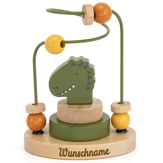 Trixie Mini Motorikschleife aus Holz PERSONALISIERT Steckspiel mit Namen graviert Geschenk zur Geburt Dinosaurier