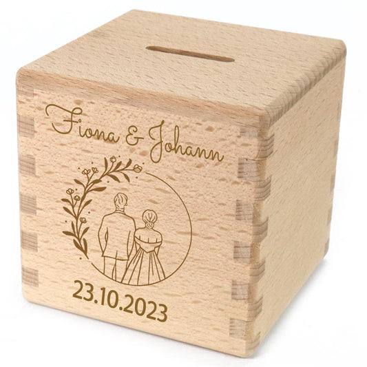 Spardose personalisiert zur Hochzeit mit Namen graviert Sparwüfel Hochzeitstag aus Holz Brautpaar