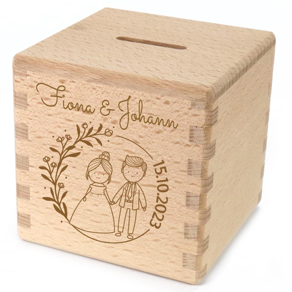 Spardose personalisiert zur Hochzeit mit Namen graviert Sparwüfel Hochzeitstag aus Holz Brautpaar Comic