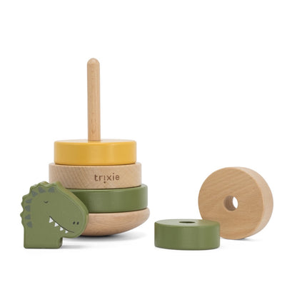 Personalisierter Stapelturm aus Holz von Trixie mit Namen und Geburtsdaten graviert Geburtsgeschenk Dinosaurier