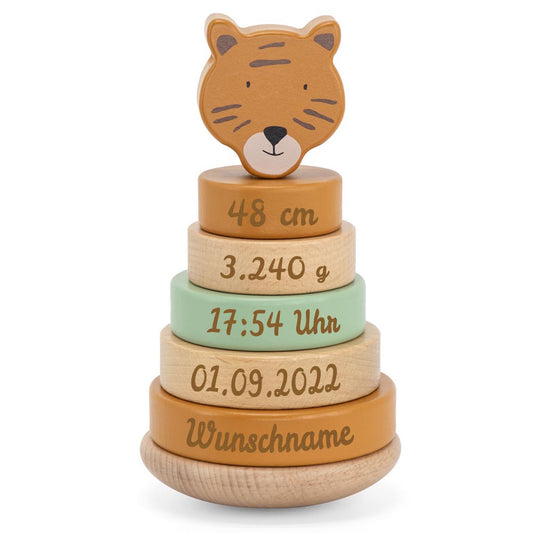 Personalisierter Stapelturm aus Holz von Trixie mit Namen und Geburtsdaten graviert Geburtsgeschenk TIGER