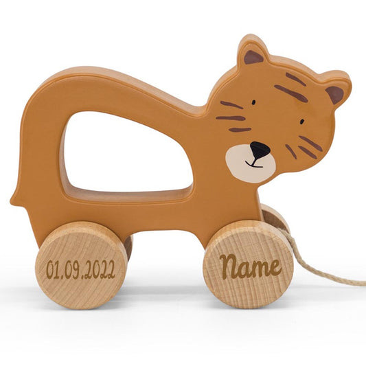Trixie Nachziehtier Holz PERSONALISIERT mit Name und Datum graviert Motorikspielzeug ab 18 Monate Tiger